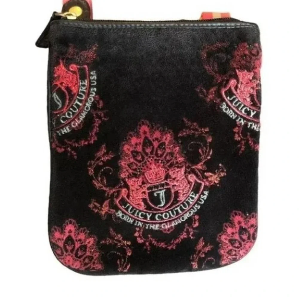 Juicy Couture Crossbody BLACK VELVET Shoulder Bag Purse Adjustable EMBROIDERED